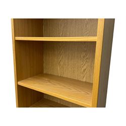 Light oak 6' open bookcase, five adjustable shelves