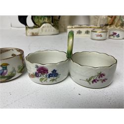 Staffordshire figure of the Duke of Wellington on a bay horse, H30cm in red uniform, together with a similar Staffordshire figure of Dick Turpin, pair of Staffordshire style dogs, H27cm, three Meissen style double salts and two trinket boxes 