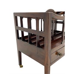 Georgian design mahogany Canterbury, four divisions with dished upper rails, the central rail pierced with handle, fitted with single drawer, on square supports with brass cups and castors 