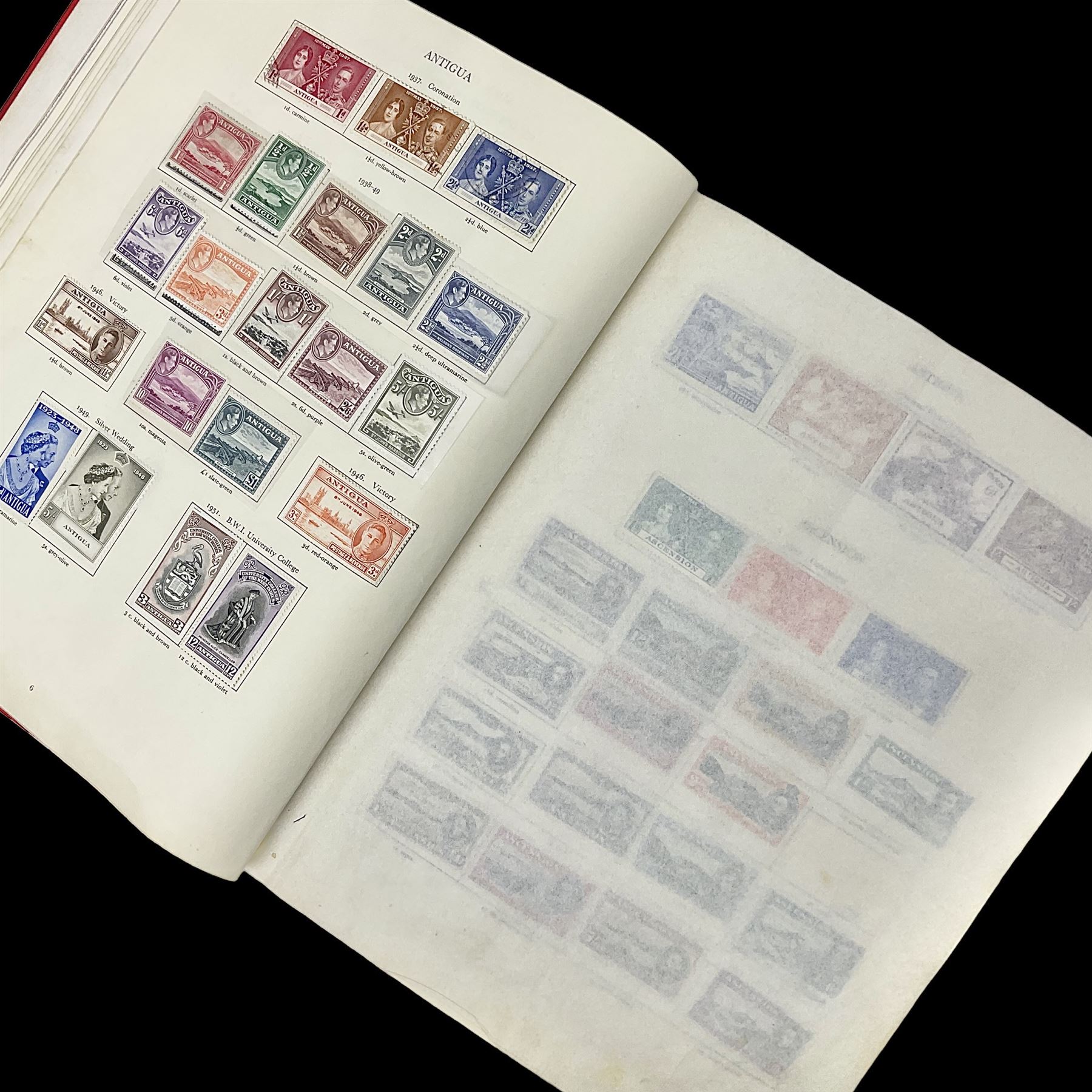 Single album collection of King George VI stamps, including Aden, Antigua, Ascension, Australia, Bahamas, Bahrain, Barbados, Basutoland, Bechuanaland, Bermuda, British Solomon Islands, Brunei, Burma, Cayman Islands, Dominica, Falkland Islands, Gambia, Gilbert and Ellice Islands, Gold Coast, Great Britain 1939-48 set to one pound including ten shilling dark blue, Grenada, Hong Kong, India, Ireland, Jamaica, Leeward Islands, Malta, Mauritius, New Zealand etc
