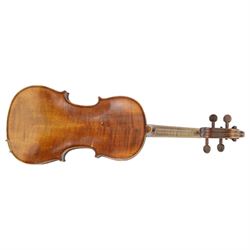 19th century full size violin in a hard case with bow. Length 60cm, scroll with ebonised pegs and fingerboard, with tailpiece and bridge.