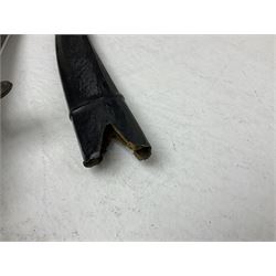 20th century Indian Tulwar sword with 71cm plain curving steel blade and iron hilt with extended langets, knopped grip and spiked pommel; in canvas covered wooden scabbard L87.5cm overall; together with five fencing swords comprising four foils and one epee, three marked Leon Paul, one in carrying case (6)