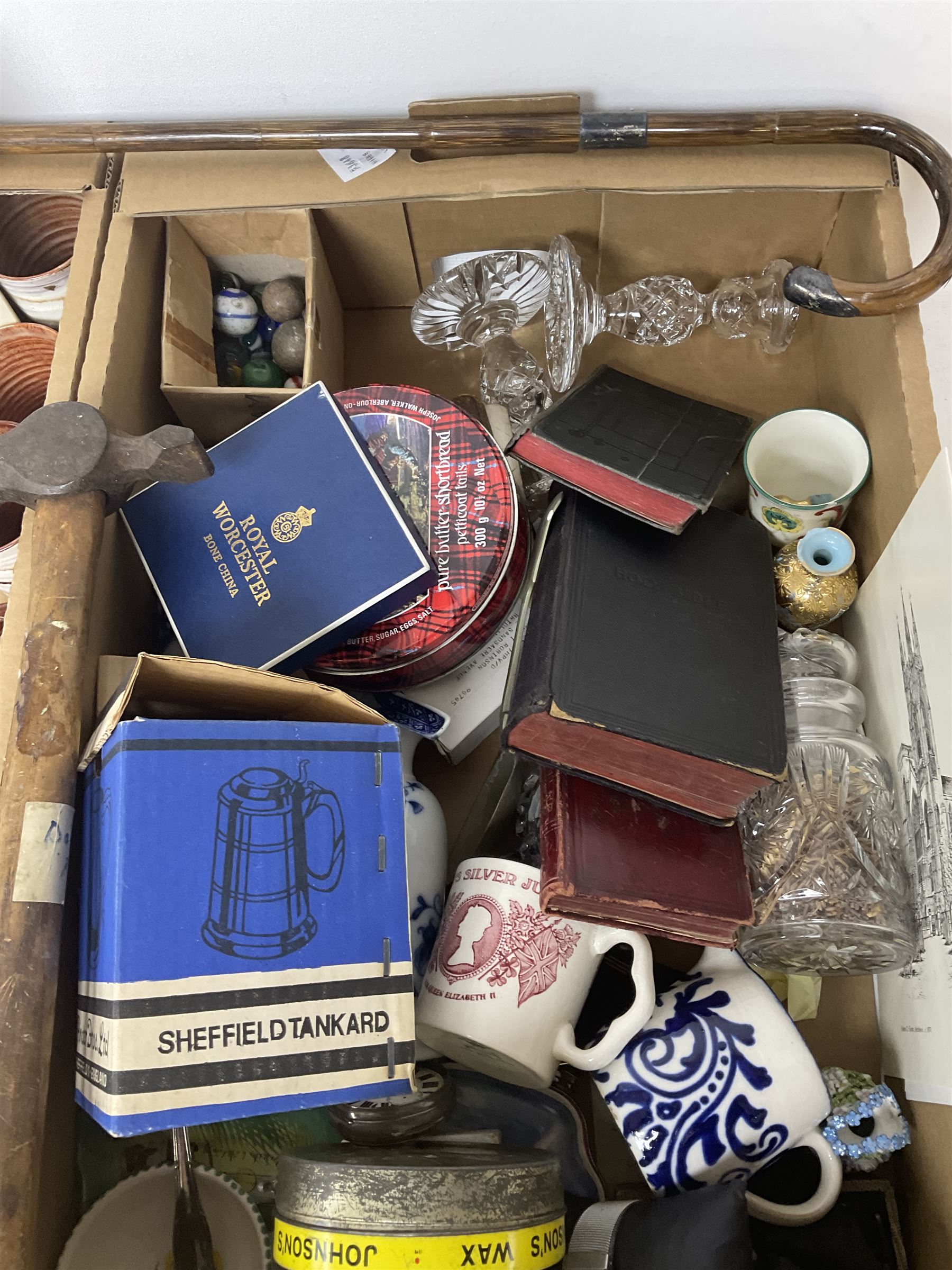 Silver cased pocket watch, together with wrist watch, pewter tankard, walking stick and other collectables, in two boxes 