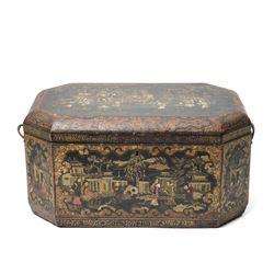 Mid 19th century Chinese export lacquered tea caddy, of octagonal casket form, the exterio...