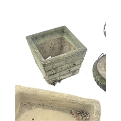  Pair square composite stone brick effect planters (36cm x 36cm, H30cm), a composite stone trough and a wrought metal fire basket on circular composite stone base  