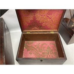 Collection of 19th century and later boxes for restoration, to include a mother of pearl inlay example, oak canteen, large mahogany example etc