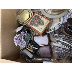 Quantity of silver plated metalware, to include ornate Shaw & Fisher teapot, silver-plate dish with Tower of London 1982 medallion to centre, cutlery, brass box and other brassware etc to include Weston Master III exposure meter, collectors teaspoons, Concorde ephemera etc in two boxes