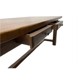 Antix French oak dining table with two leaves, two frieze drawers;, and six ladder back chairs with rush seats