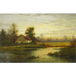 George Cole (British 19th century): Sunset over Thatched Cottage, oil on canvas signed 49cm x 75cm 