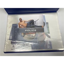 Two folders of over fifty photographs, cards, compliment slips etc of actors, actresses, celebrities, politicians, sports personalities etc, all bearing signatures, including David Frost, Lloyd Grosman, John Suchet, Julia Somerville and othe GMTV presenters, Carol Vorderman, Jackie Collins, Rolf Harris, Timothy Dalton, Pete Postlethwaite, Magnus magnusson, John Major, Kate Moss, Uri Geller, David Beckham, Peter Alliss, Sharon Davies, Kevin Keegan etc