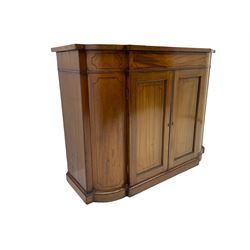 Early 19th century mahogany sideboard, break and curved front, double panelled cupboard, on plinth base