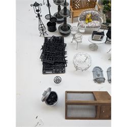 1:12 scale dolls house conservatory and garden accessories, including white wooden glazed conservatory on a stone effect base, black and white metal garden seating, barbecue, plant shelves, parasol, barbeque accessories, large planters, rabbit hutch, animals, chimenea, etc