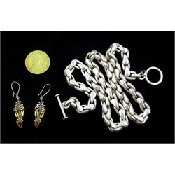 Heavy silver chain necklace hallmarked, pair of silver and gilt earrings, stamped 925 and a gaming token (3)