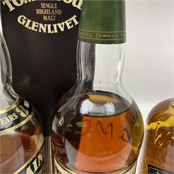 Tomintoul Glenlivet, single highland malt Scotch whisky, 1980s perfume bottling, Tomintoul Glenlivet, 8 Years Old, single malt Scotch whisky, Tamdhu, 10 year old, single malt Scotch whisky and W.M Grants, single Scotch whisky, various contents and proof 
