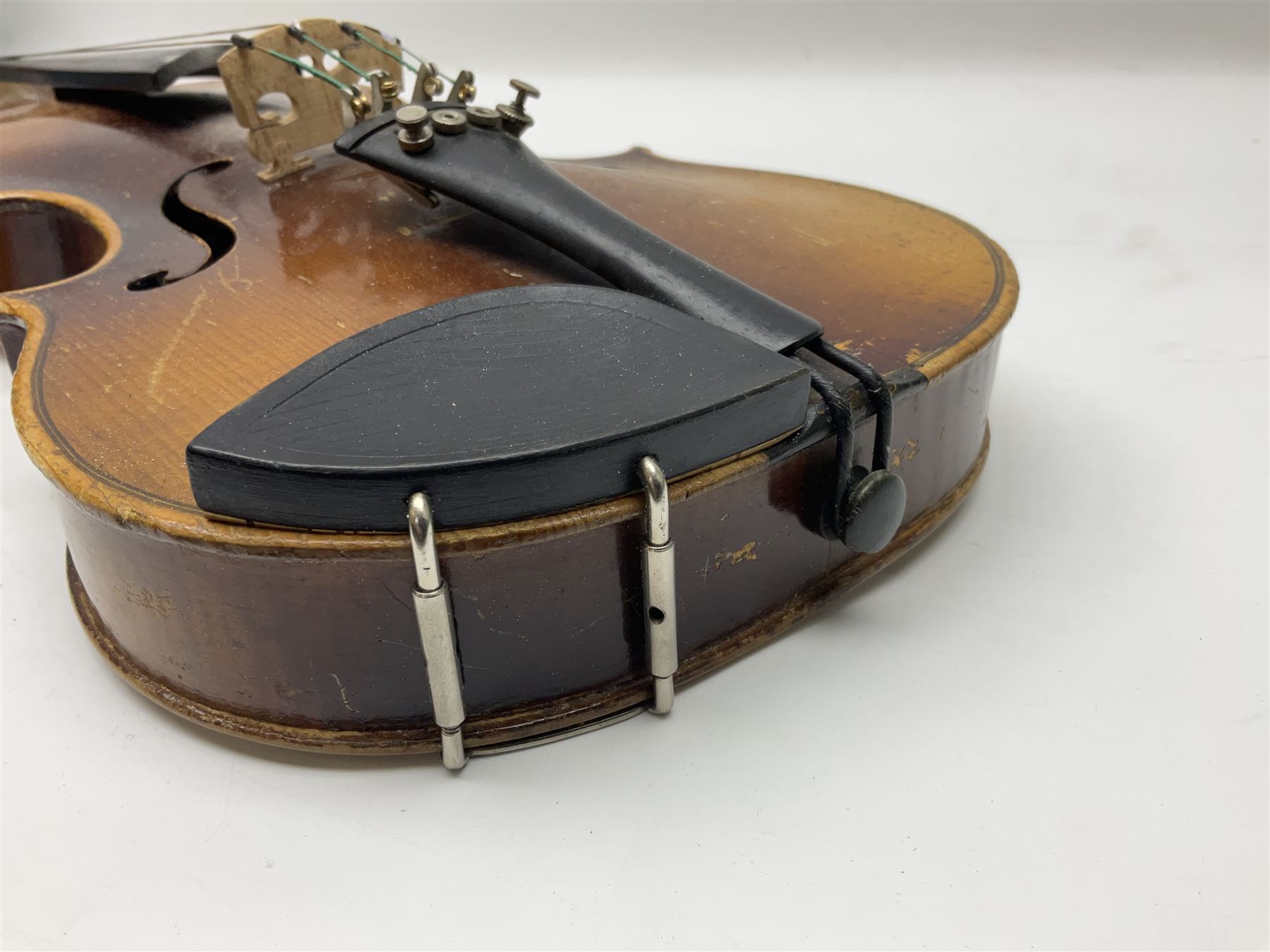 Two three-quarter size violins - German Saxony with 34cm one-piece maple back and ribs and spruce top; L56cm overall; and Hungarian with 34cm two-piece maple back and ribs and spruce top; L56cm overall; each in carrying case with bow (2)