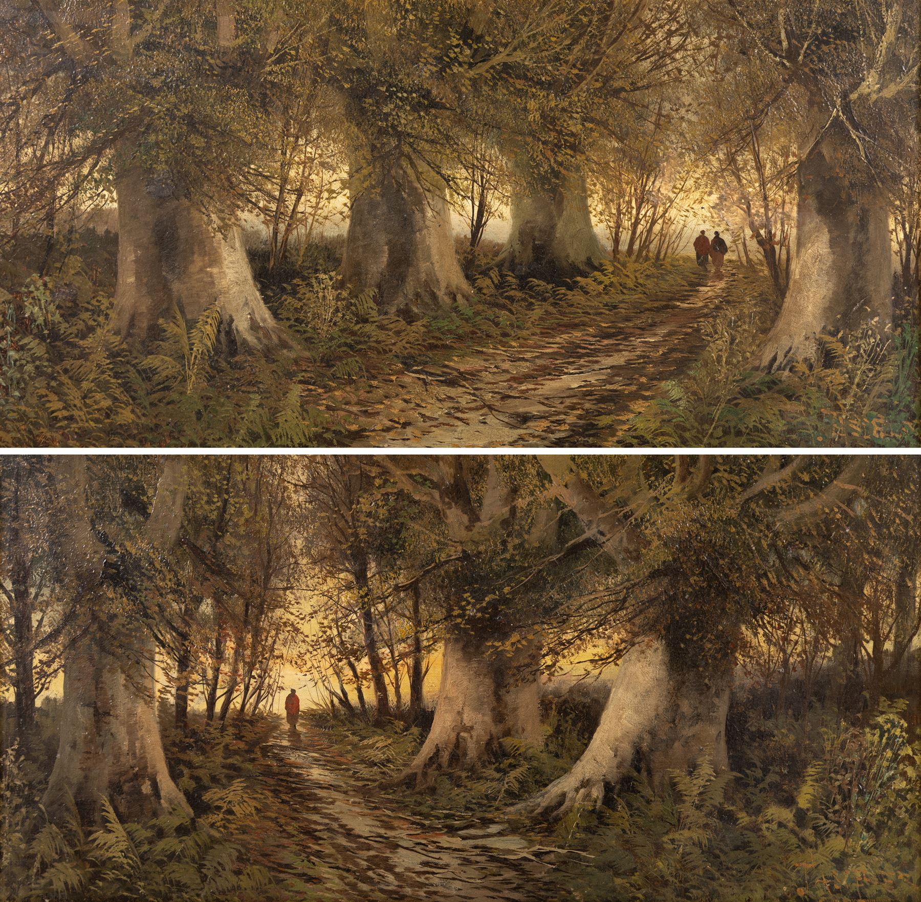 English School (19th/20th century): Figures Strolling Through Dense Forest, pair of oils on canvas indistinctly signed 29cm x 60cm (2)