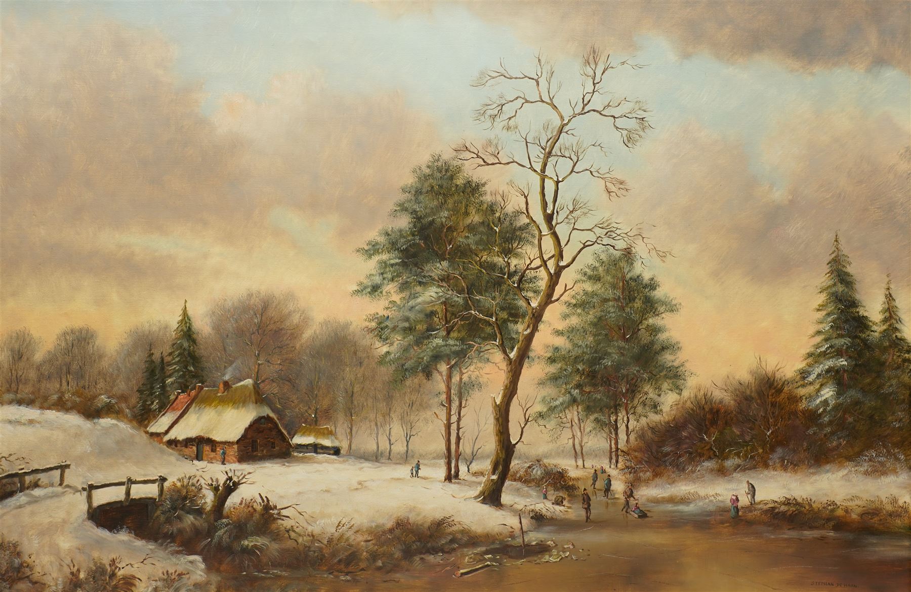 Stephan de Haan (Dutch 1914-): Winter Landscape - Figures Skating on a Frozen River, oil on canvas signed 60cm x 90cm