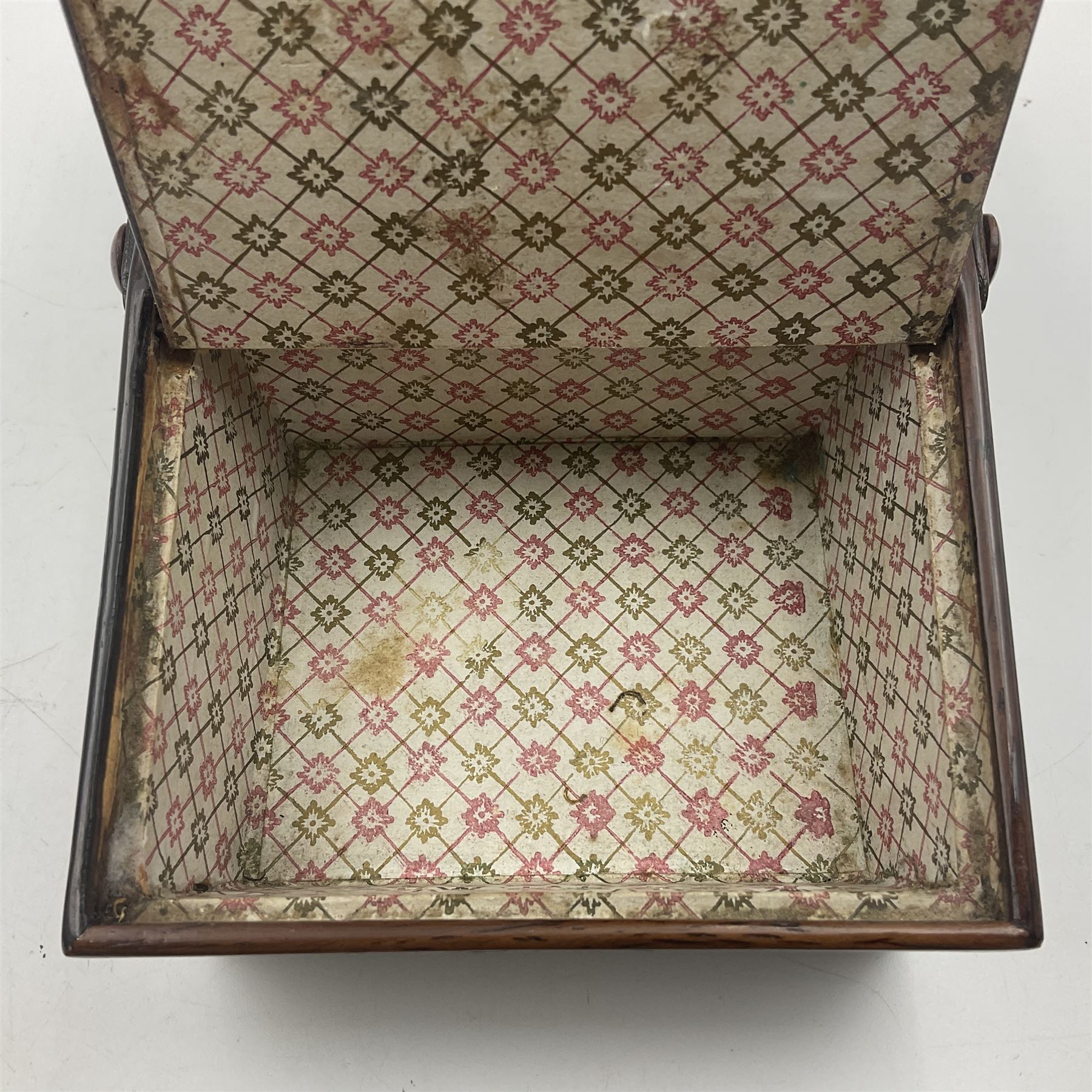 19th century rosewood Tunbridge Ware basket, of rectangular form with curved bentwood handle, and twin hinged sloping covers, lifting to reveal paper lined interiors, not including handle H5.5cm D10.5cm L18cm