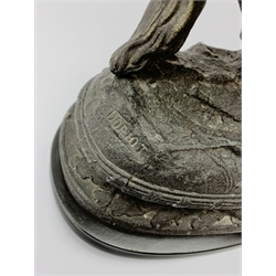 After Theodore Doriot, 19th century spelter figure of a barbarian warrior with spear and sword on a rearing horse, with battle trophies on the naturalistic base, H64cm including later ebonised wooden base