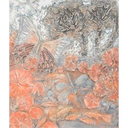 Bernard Rooke (British 1938-): Dragonflies above a Fish Pond, plaster relief, signed, H60cm, W52cm