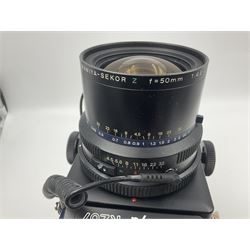Mamiya RZ67 professional camera body, serial no 120282, with 'Mamiya-Sekor Z f=50mm 1:4.5 W' lens, serial no 18057 and RZ67 AE Prism Finder serial no 106809