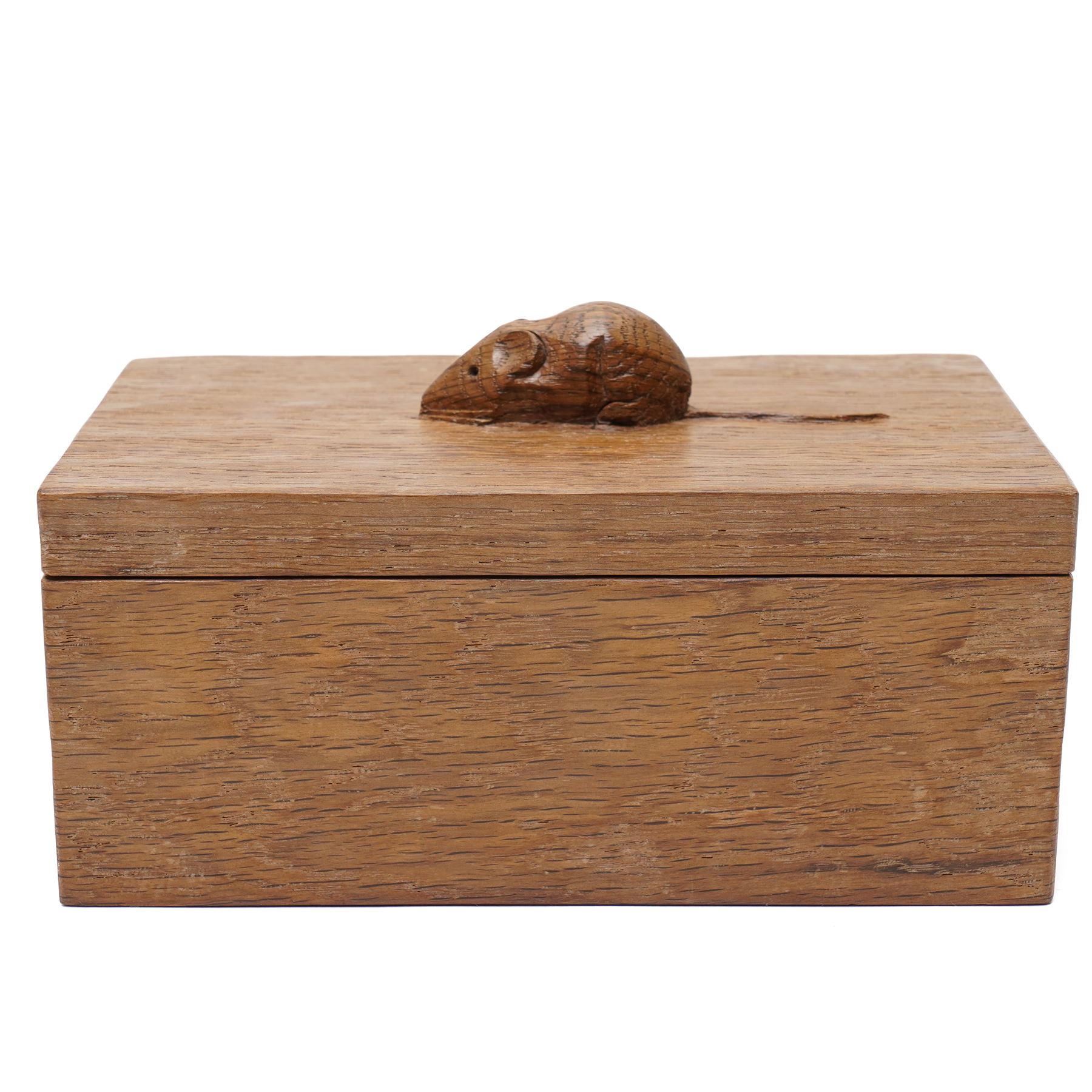 Mouseman - adzed oak rectangular trinket box, the cover with carved mouse signature W18.5cm by the workshop of Robert Thompson, Kilburn