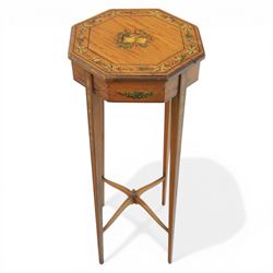 Edwardian inlaid satinwood occasional table, the octagonal top with central painted classical urn within floral garland border, shaped frieze with further painted swags, raised on square tapering legs united by an undertier stretcher