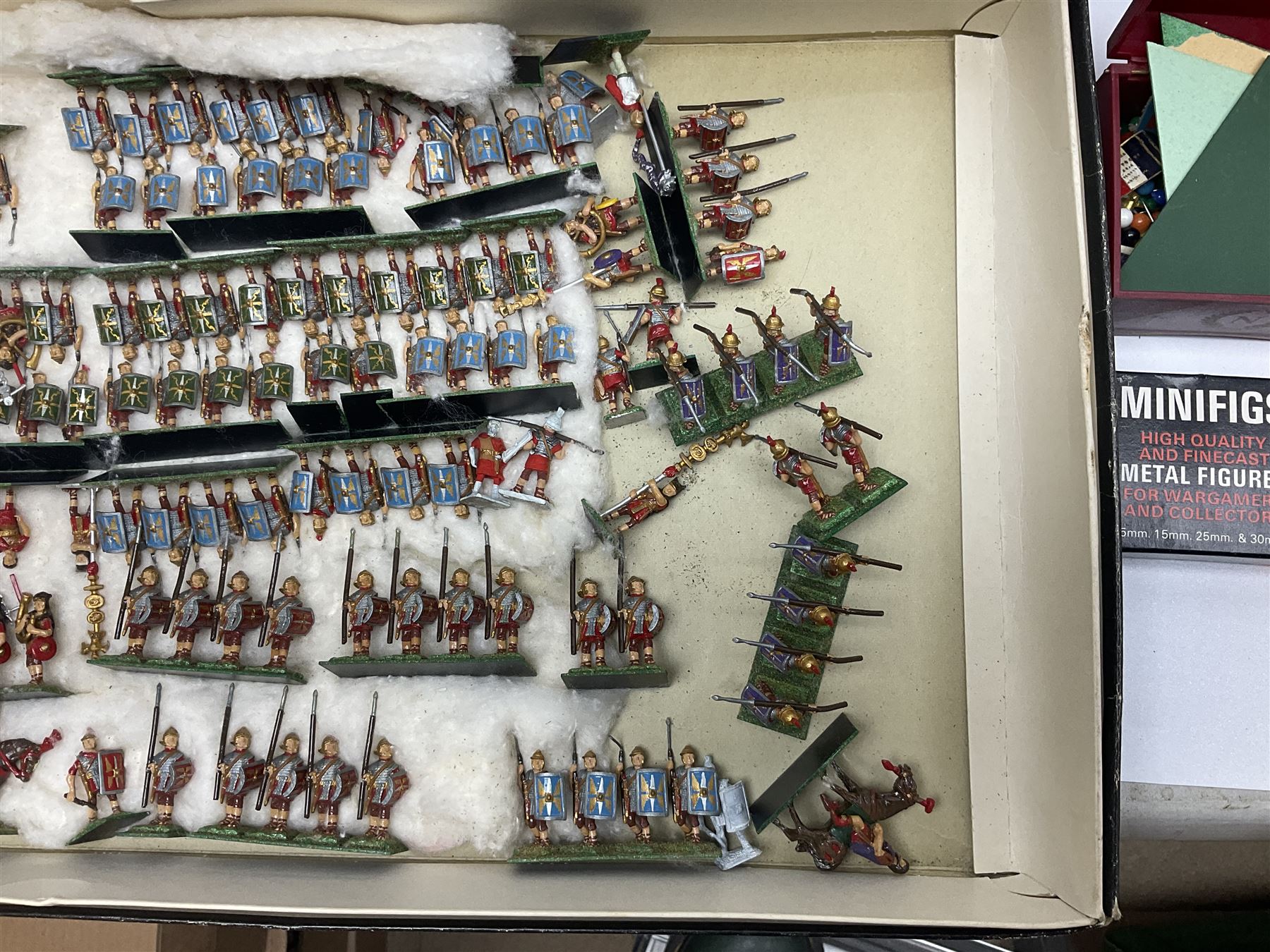 Painted metal wargame figures - over four hundred including Normans and Saxons, Romans, British Tribes etc; together with a quantity of part-painted and unpainted figures, battlefield weapons and accessories etc; average size 25mm