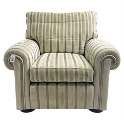 Duresta - 'Waldorf' armchair, in neutral striped fabric, on compressed bun feet