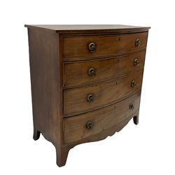 19th century mahogany bow front chest, fitted with four graduating drawers, shaped apron and splayed bracket feet