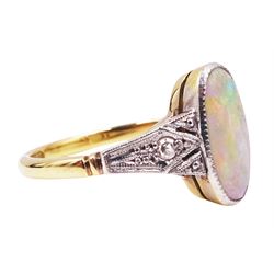 Gold and platinum single stone opal ring, with pierced and beaded shoulders, each side set with a single stone diamond, stamped 18ct Plat
