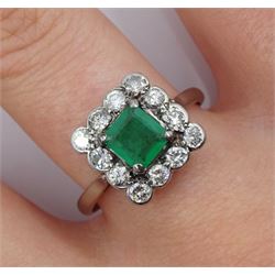 Platinum square cut emerald and diamond cluster ring, stamped Plat