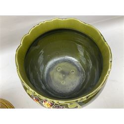 Wedgwood majolica comport, moulded with basket weave and foliage decoration, together with Imperial & Bonn and Sylvac jardinières, sylvac H18cm