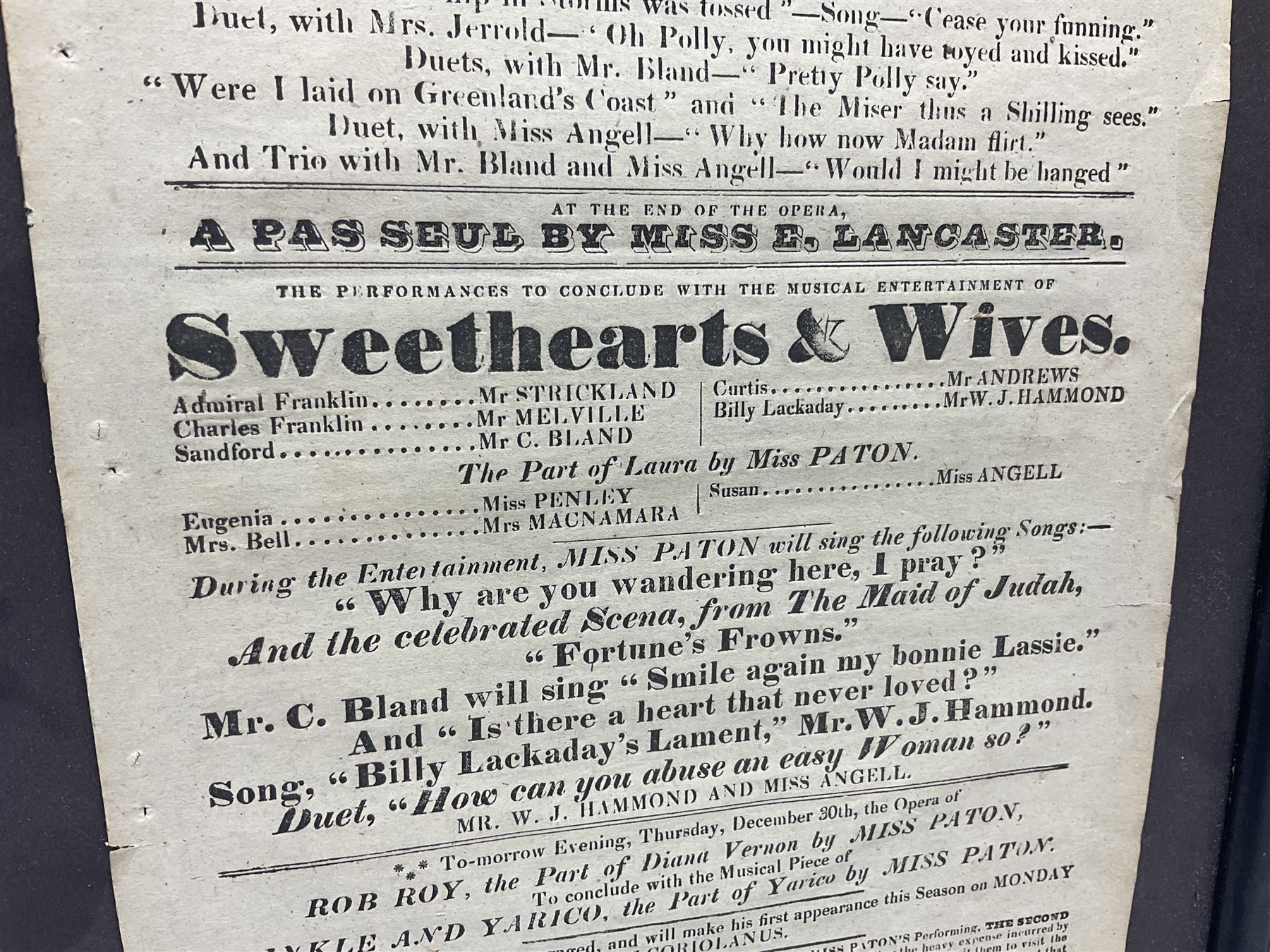 Two framed advertising posters, the first example titled 'Johnson's Correct List of Beverley Races, 1840', the second titled 'Theatre-Royal, Hull. third Night of Miss Paton's Engagement. this present Wednesday, December 29th, 1830, will be performed the celebrated Beggars' Opera', overall including frames H38.5cm W26cm