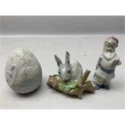 Seven Lladro figures, comprising A Friend for Life no 7685, Playing Cherub no 6254, Santa Clause no 5842, Baby's First Christmas no 6037, First Christmas together no 5923, Christmas Morning no 5940 and Rabbit Eating no 4773, together with two Lladro Christmas 1988 Balls and Lladro 1994 Easter egg, all with original boxes, largest example H9cm 