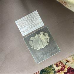 Hancock & Moore - two-seat sofa, upholstered in pale green ground fabric decorated with floral pattern, traditional shape with rolled arms and arched back, on turned front feet with brass cups and castors 