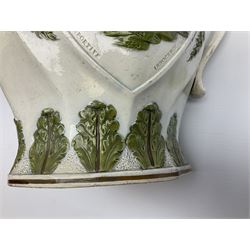 Early 19th century Prattware jug, circa 1800, decorated with two heart shaped panels of children, titled Sportive Innocence and Mischievous Sport, further decorated with acanthus and foliate borders, H22cm