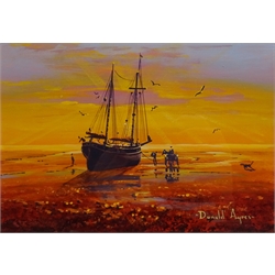  Unloading on the Beach at Sunset, pair acrylic signed by Donald Ayres (British 1936-) 12cm x 17cm (2)  