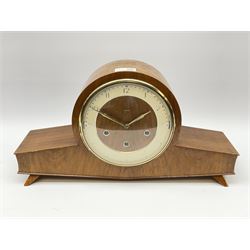 Mid 20th century walnut cased mantel clock by 'Smiths', circular dial with Arabic chapter ring, triple train driven movement with Westminster and Whittington chimes, chiming the quarters and striking the hours on rods, silent chime and West Whitt levers