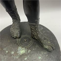 Bronzed classical nude male figure, upon a stepped circular base, H61cm 