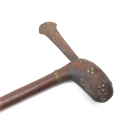  Late 19th century African tribal Short Axe, the brass studded bulbous head inset with iron axe blade and plaited yellow metal band, hardwood shaft L44cm  