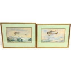  Miles O'Reilly  (British 20th century): RAF bi-planes in flight over a mountainous lake landscape, pair, watercolours, signed and dated '67, 18 x 29cm,   
