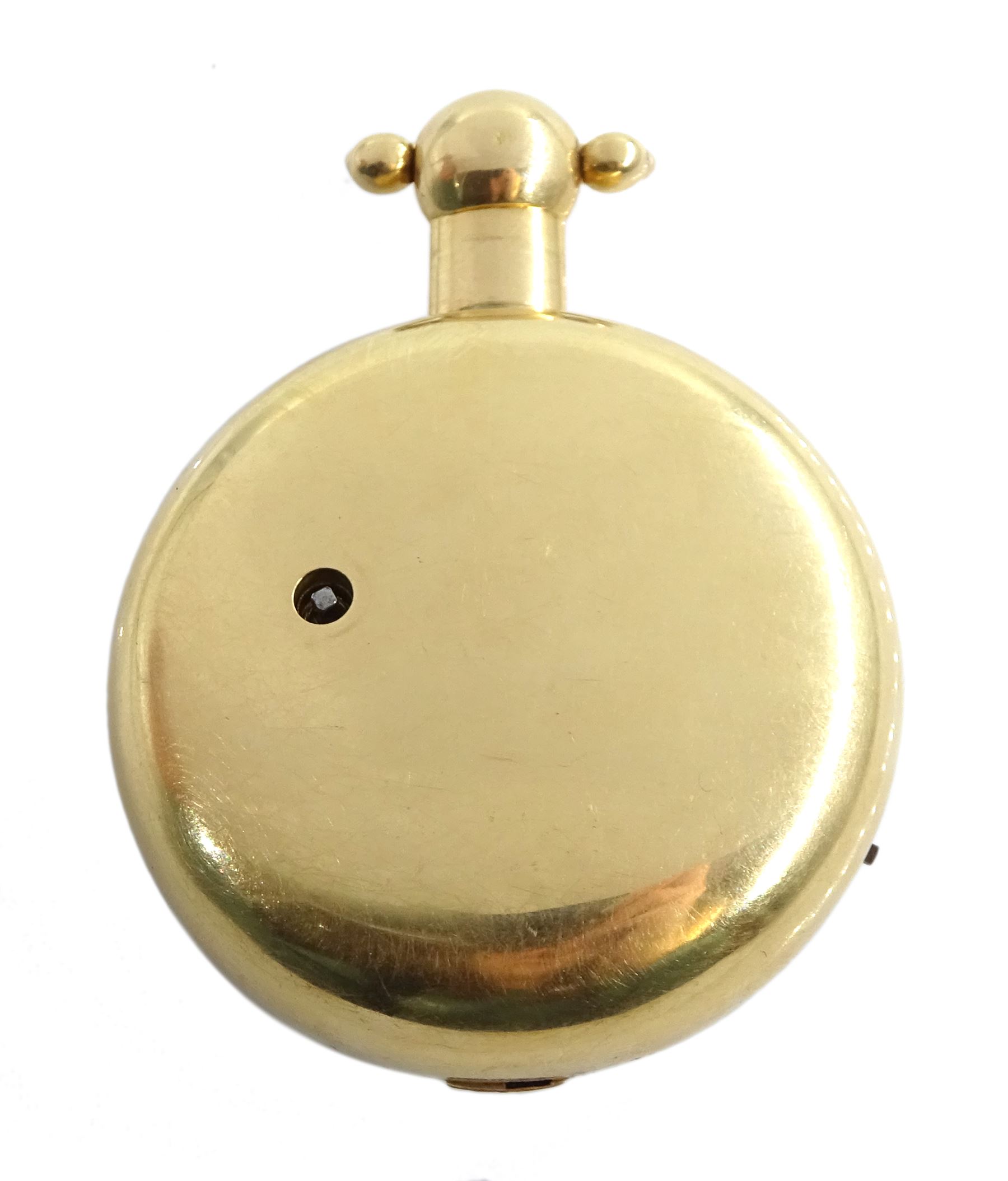 George III 18ct gold pair cased English lever fusee pocket watch by John Bolton, Durham, No. 844, round baluster pillars, engraved balance cock with flower decoration and diamond endstone, stop/work lever, cream enamel dial with Roman numerals and subsidiary seconds dial, case makers mark V&R, Chester 1819