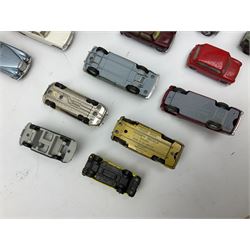 Corgi - thirty unboxed and playworn/repainted die-cast cars including Triumph Herald Coupe, BMC Mini-Cooper 'S', Porsche Carrera, two 'E' Type Jaguars, Rover 2000TC, three Morris Minors, two Aston Martin DB4, two Volvo P1800, MGA, Fiat 2100, Jaguar 2.4 Litre, Jaguar Mark X Saloon etc (30)