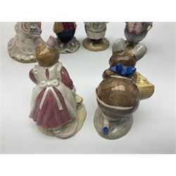 Five Royal Doulton Beatrix Potter figures, comprising Poppy Eyebright, Clover, Lord Woodmouse, Mr Apple and Dusty Dogwood, together with Beswick Appley Dapply figure and three Crummles Beatrix Potter enamel pill boxes