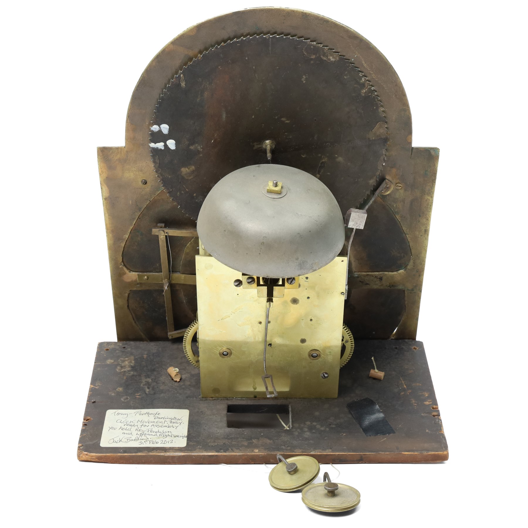 18th century longcase clock movement, the steel and brass dial inscribed Porthouse, Darlington, eight day with moon roller and centre calendar, seconds ring 44cm x 31cm