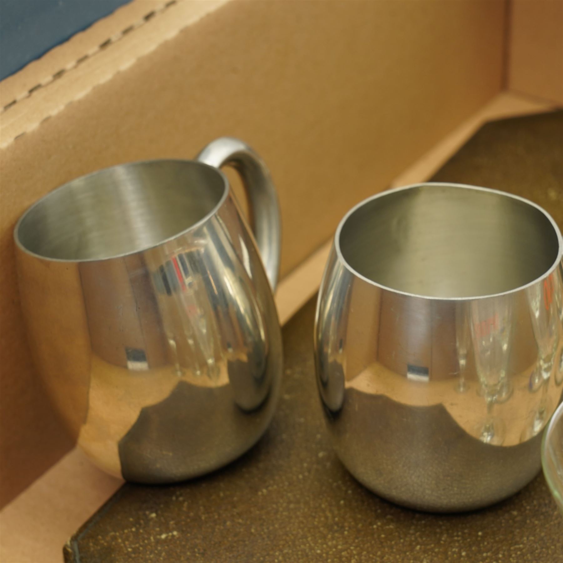 Five Babychan glasses, three Calypso glasses and two goldwell snowball glasses, pewter mugs, carving set cased, Mary Antoinette figure, and various Coalport, Country Artists and Aynsley pieces, contents in two boxes