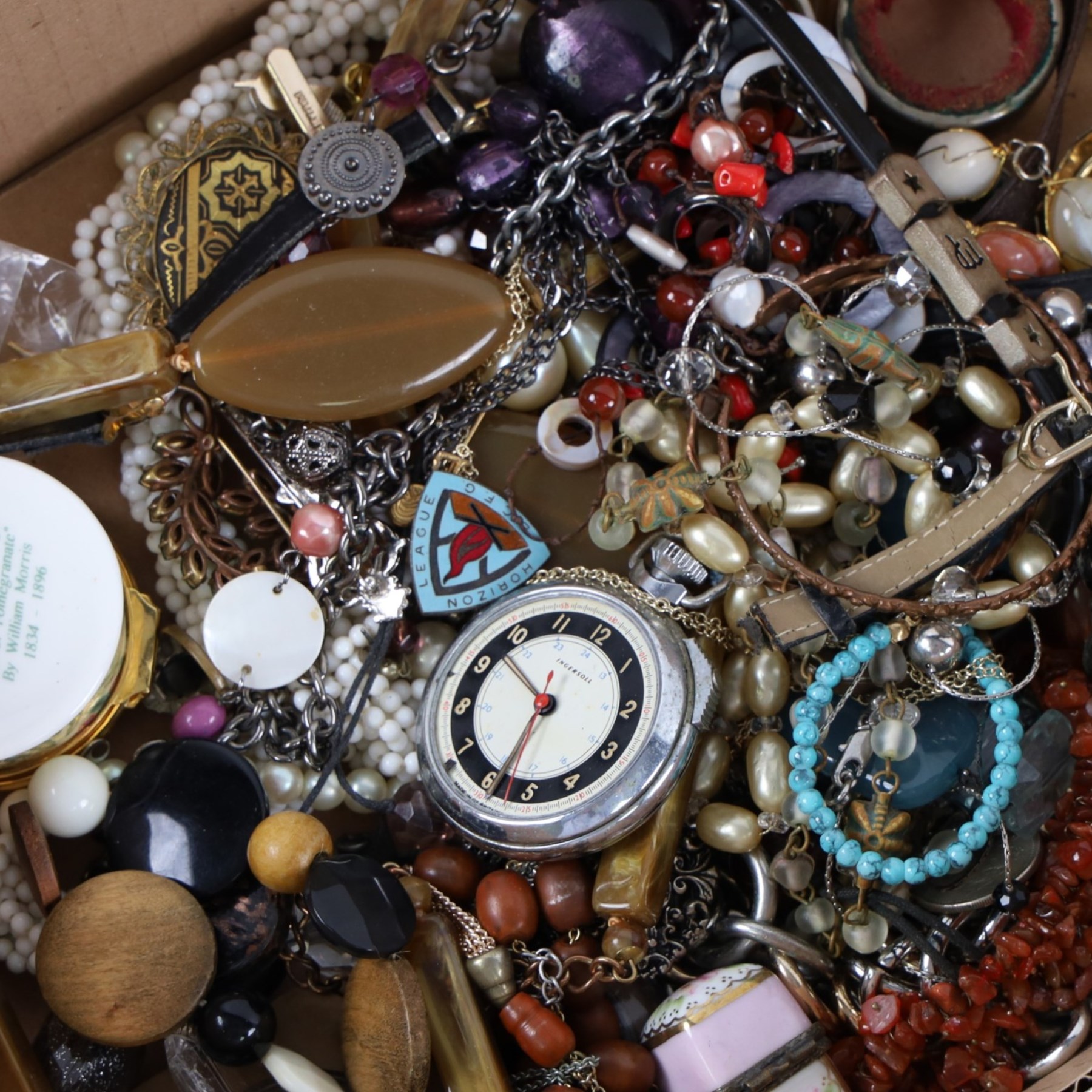 Collection of costume jewellery, included beaded necklaces and brooches, silver plated cutlery and ceramic trinket boxes etc