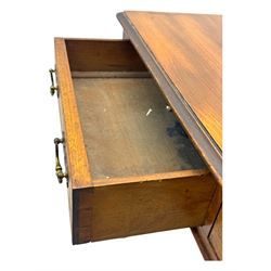 Early 19th century mahogany side table, moulded rectangular top over two drawers, on turned and reeded supports, brass cups and castors 