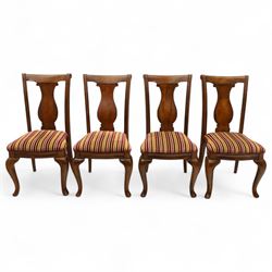 Willis & Gambier - mahogany extending dining table, rectangular top with rounded corners on cabriole legs, with two 35cm extension leaves, four Willis & Gambier upholstered high back chairs and four mahogany chairs, upholstered in a stripped multi-coloured velvet fabric, with scroll-shaped top rail, lyre-shaped back splat on cabriole legs, chairs W46xD91x97cm (11) 